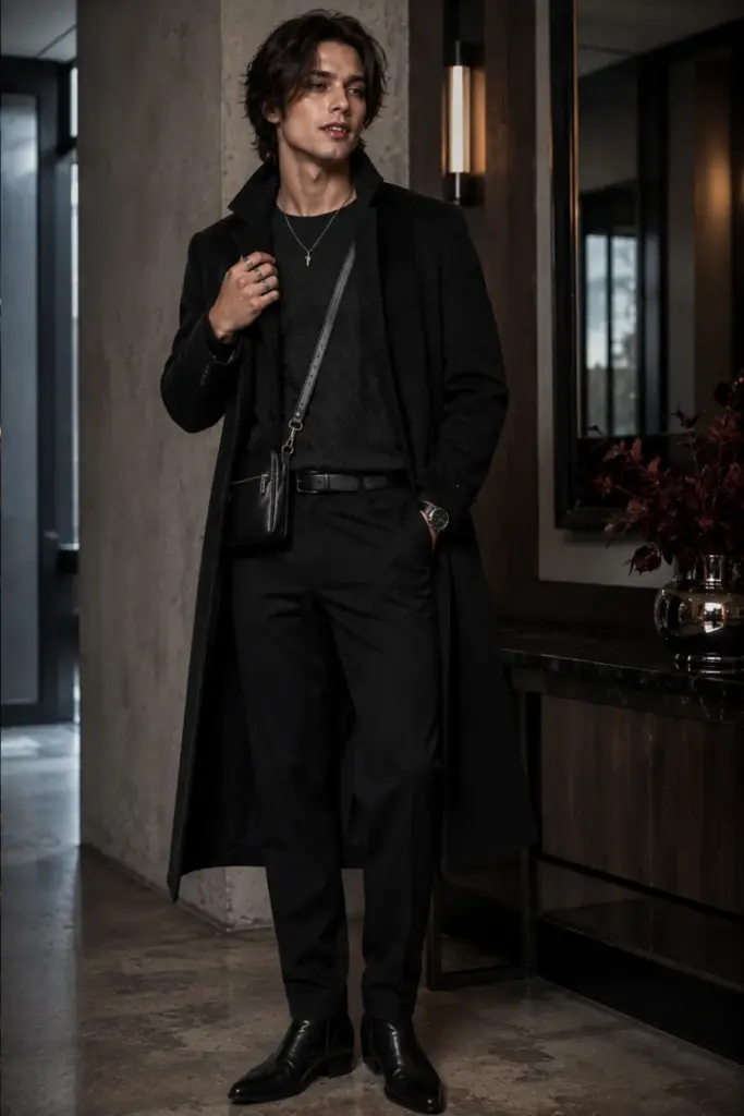 Twilight-inspired vampire costume with a long black coat, casual layered outfit, modern boots, effortless hair, and subtle gothic makeup.