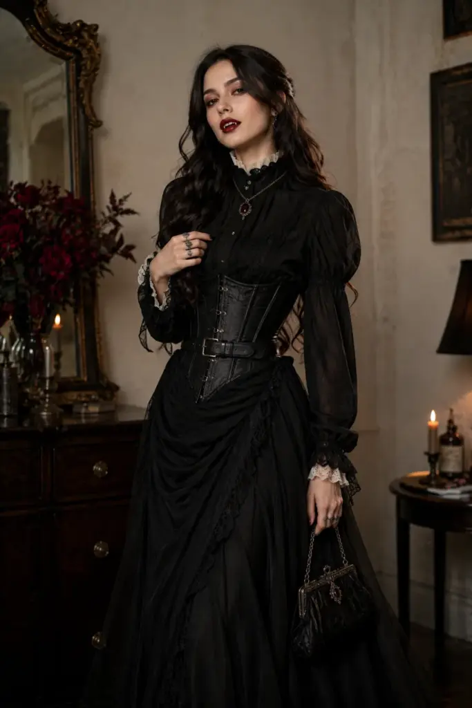 2026 vamp romantic Halloween costume with a Victorian blouse, vintage corset, long black dress, dark romance styling, and deep red lipstick.