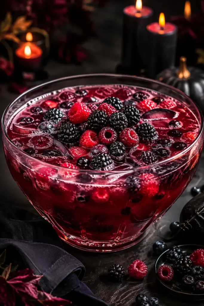 Vampire berry jungle juice with mixed berry juice, cranberry, lemon-lime soda, vodka, and fresh berries in a dramatic red-purple Halloween party presentation.