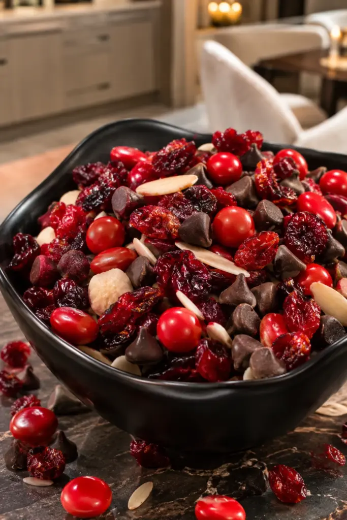 Vampire Bite Trail Mix with dried cranberries, dark chocolate chips, cherry candies, and red candy-coated chocolates for easy Halloween candy mix ideas for parties.