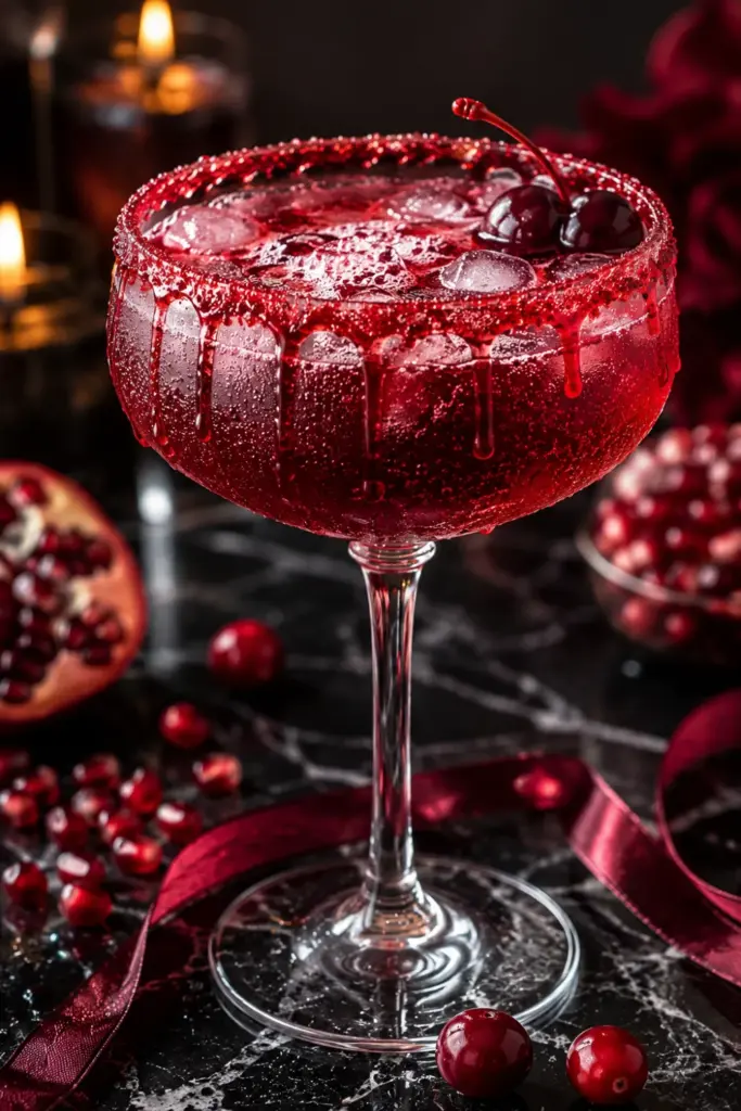 Vampire's Kiss Mocktail with deep crimson pomegranate, cranberry, and cherry juices; fizzy finish; dramatic red sugar rim; and Halloween styling.