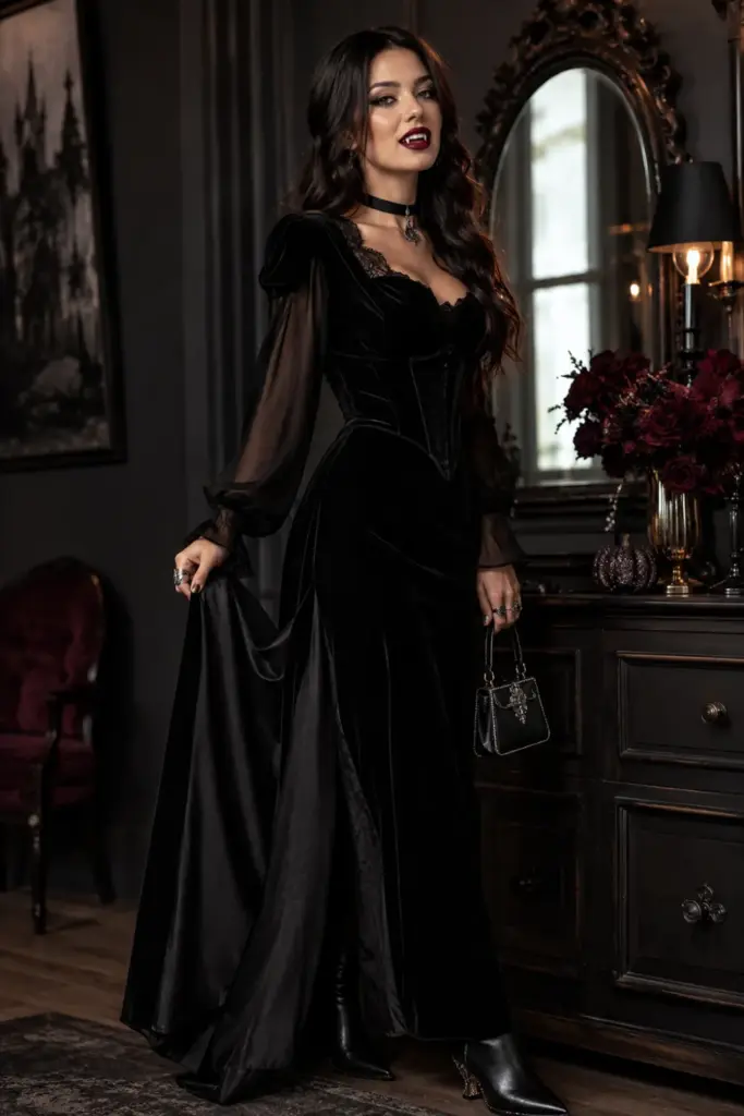 Elegant vampiress in a floor-length gothic black gown with dramatic sleeves, modern accessories, berry-red makeup, and 2026 Halloween styling.