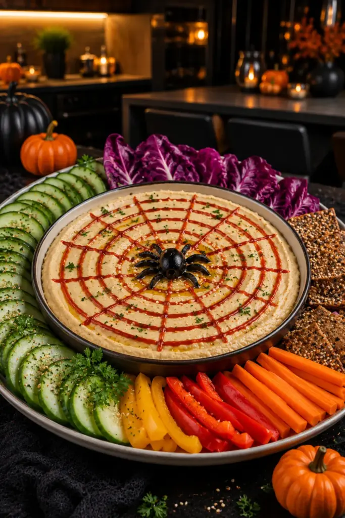 Creamy vegan hummus decorated with a sriracha spider web and olive spider, surrounded by colorful fresh vegetables.