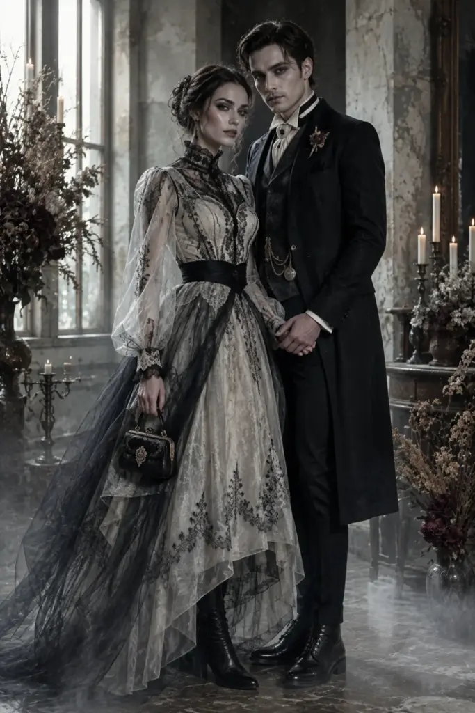 Elegant Victorian ghost couple Halloween costume featuring modernized lace, tailored period-inspired clothing, pale makeup, sophisticated accessories, and eerie atmospheric styling.