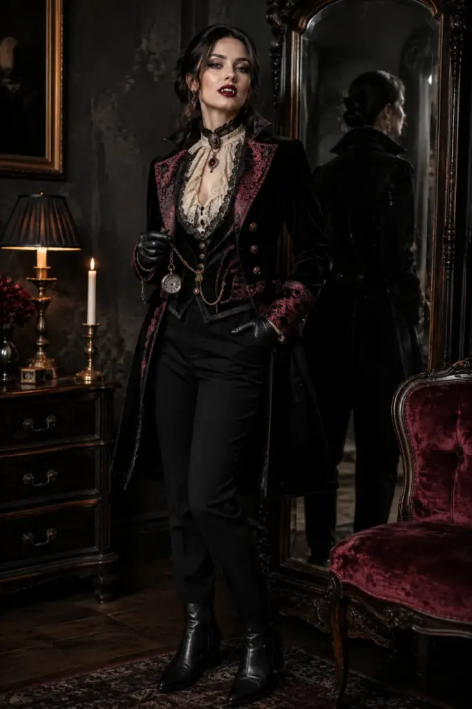 Modern Victorian vampire costume with high-collar brocade jacket, lace blouse, antique accessories, sleek hair, and contemporary gothic styling.