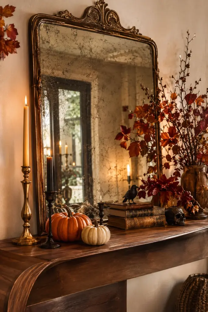 Vintage antique mirror with candles, dried branches, pumpkins, and gothic accents styled on a modern console for Best Halloween Aesthetic Design Ideas for Every Home.
