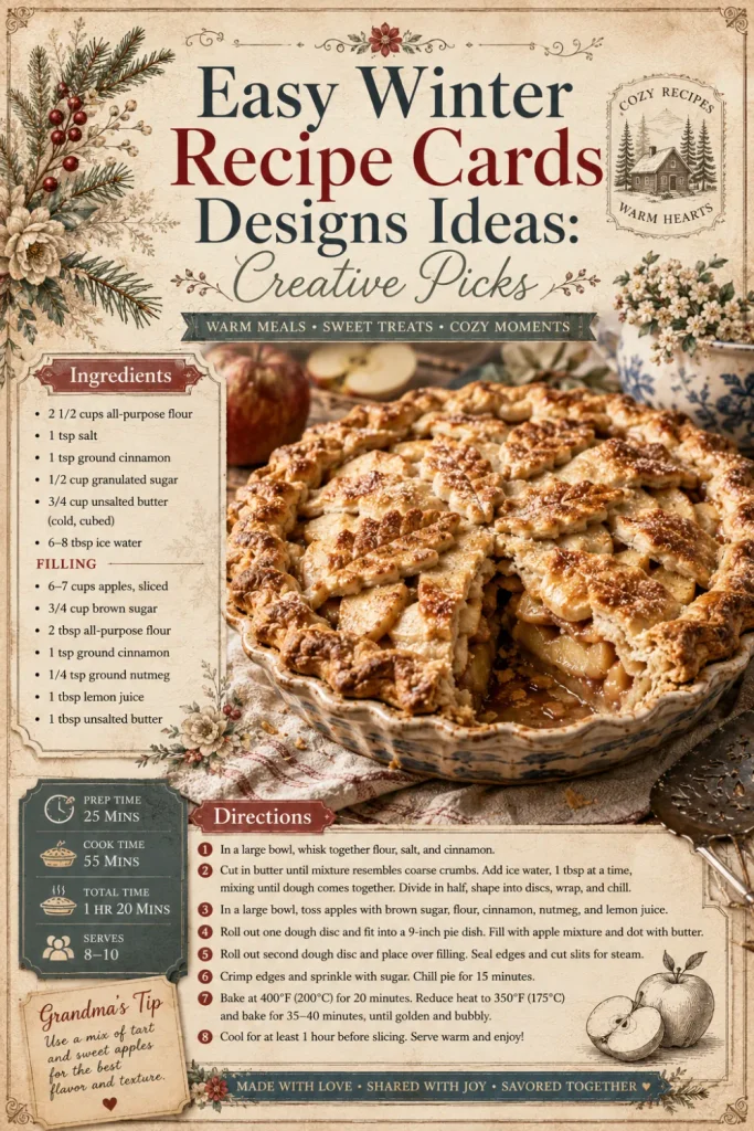 Vintage winter recipe card with nostalgic paper texture, classic typography, delicate illustrations, and old-fashioned cookbook food styling.