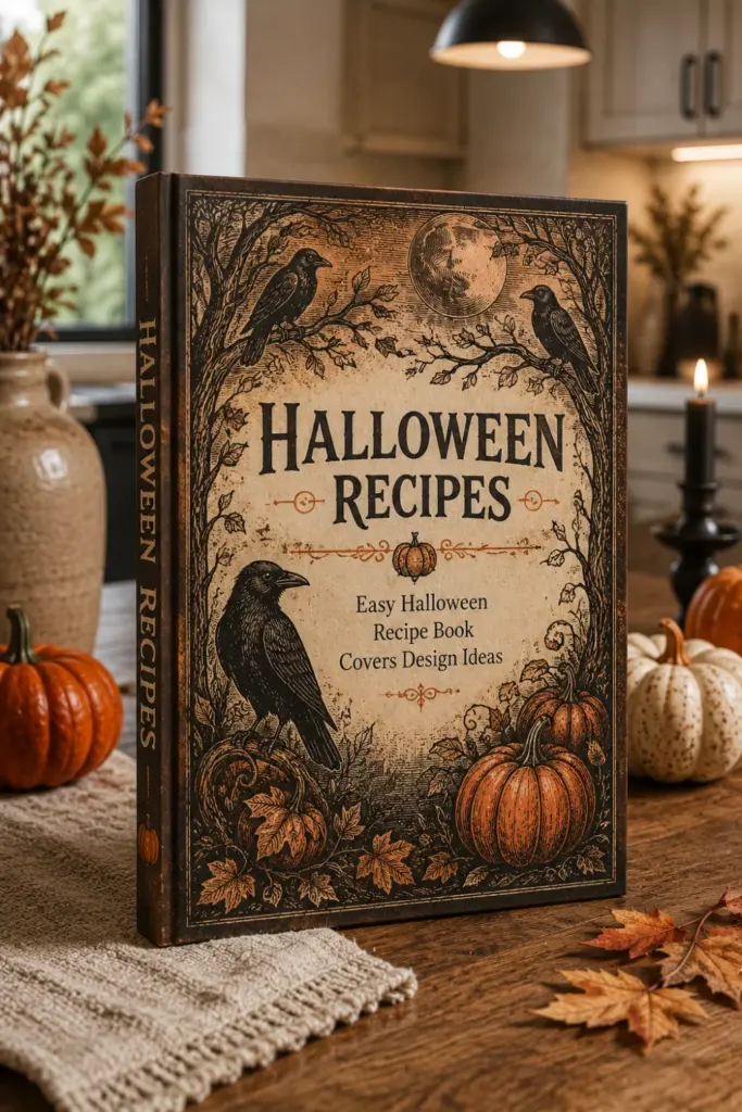 Vintage woodcut Halloween recipe book cover with rustic pumpkins, crows, and brown folk-art detailing.
