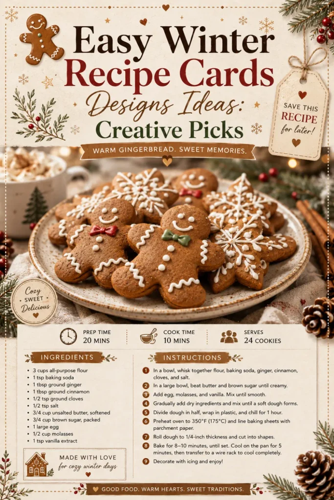 Warm gingerbread winter recipe card with cream and cinnamon tones, gingerbread illustrations, cozy accents, and playful seasonal typography.