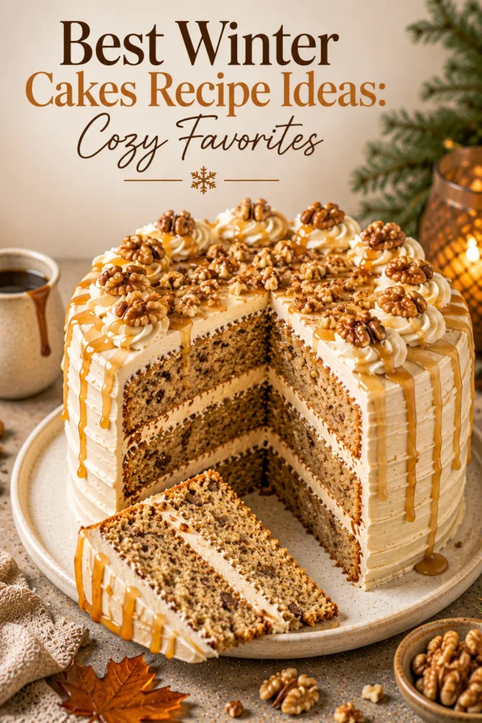 Warm maple walnut cake layered with creamy maple buttercream and toasted walnuts for Best Winter Cakes Recipe Ideas: Cozy Favorites.