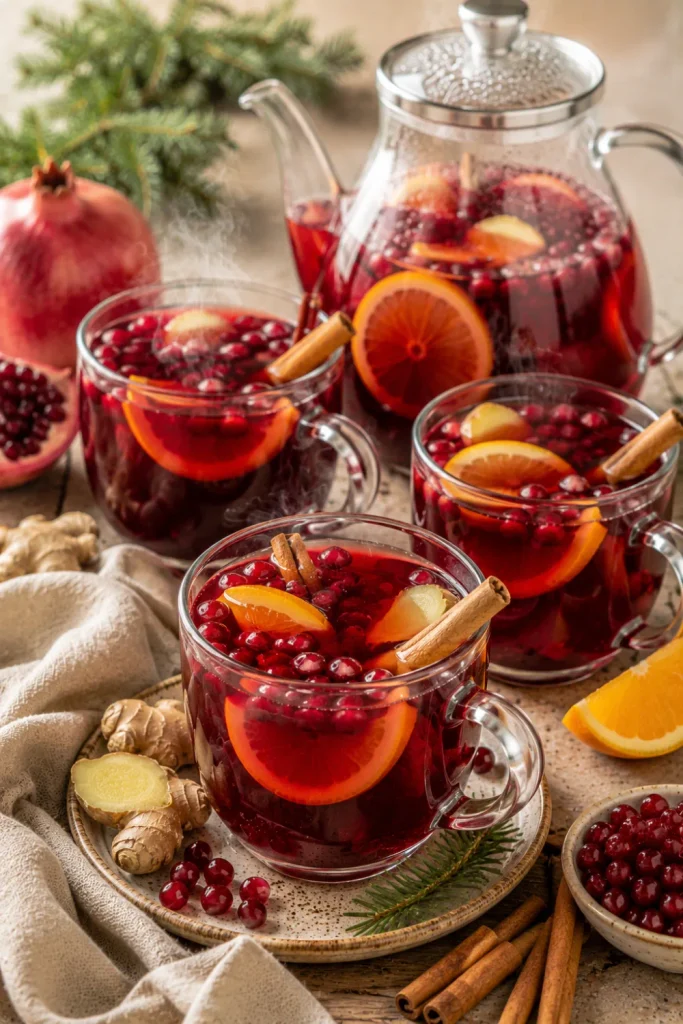 Warm pomegranate tea with citrus, cinnamon, ginger, and pomegranate arils served in elegant cups for winter entertaining.