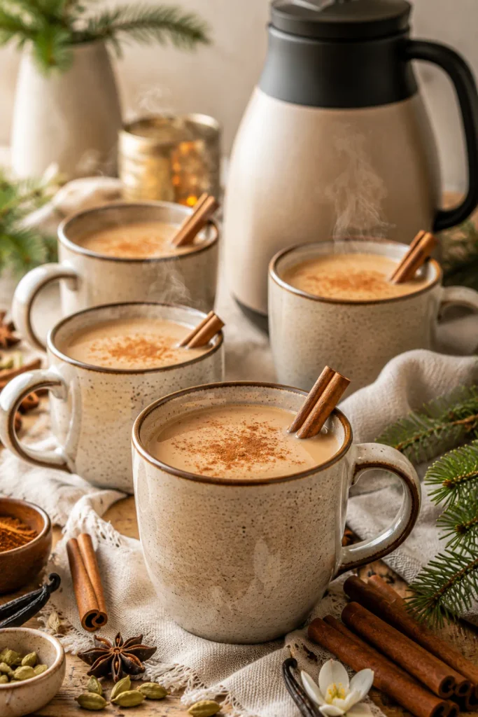 Creamy warm vanilla chai with cinnamon and cardamom served in cozy mugs for a stylish winter gathering.