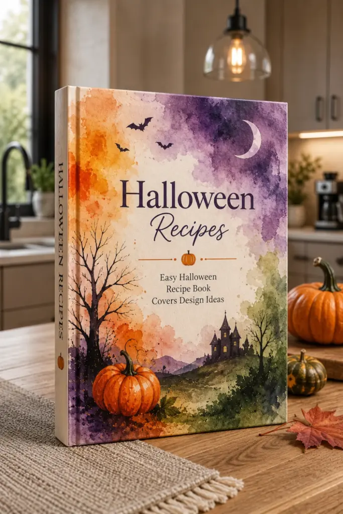 Watercolor Halloween recipe book cover with orange, purple and green washes forming a spooky autumn sky.