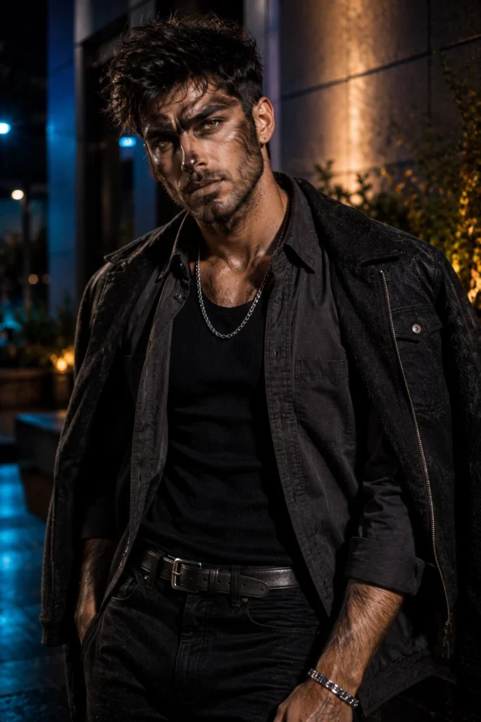 Modern werewolf Halloween outfit for men with rugged dark clothing, textured hair, naturalistic fur-inspired makeup, boots, and layered accessories.