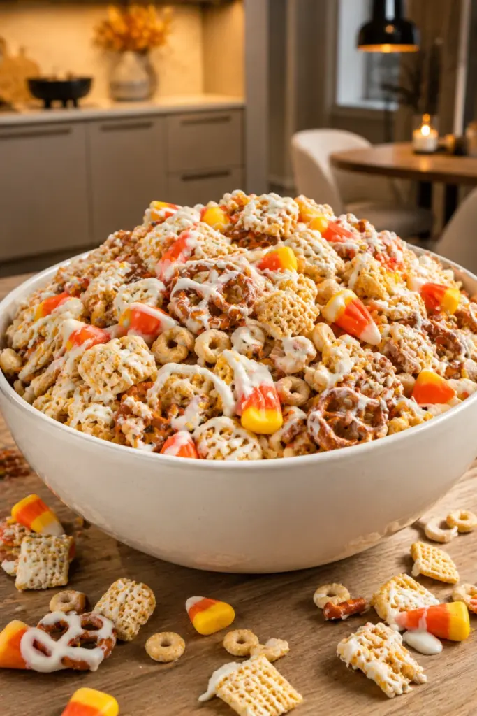 White Chocolate Monster Munch with Corn Chex, Honey Nut Cheerios, pretzels, peanuts, candy corn, and white chocolate for easy Halloween candy mix ideas for parties.