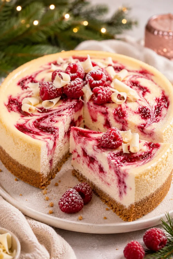 White chocolate raspberry winter cheesecake with creamy filling, raspberry sauce, buttery crust, and elegant festive styling.