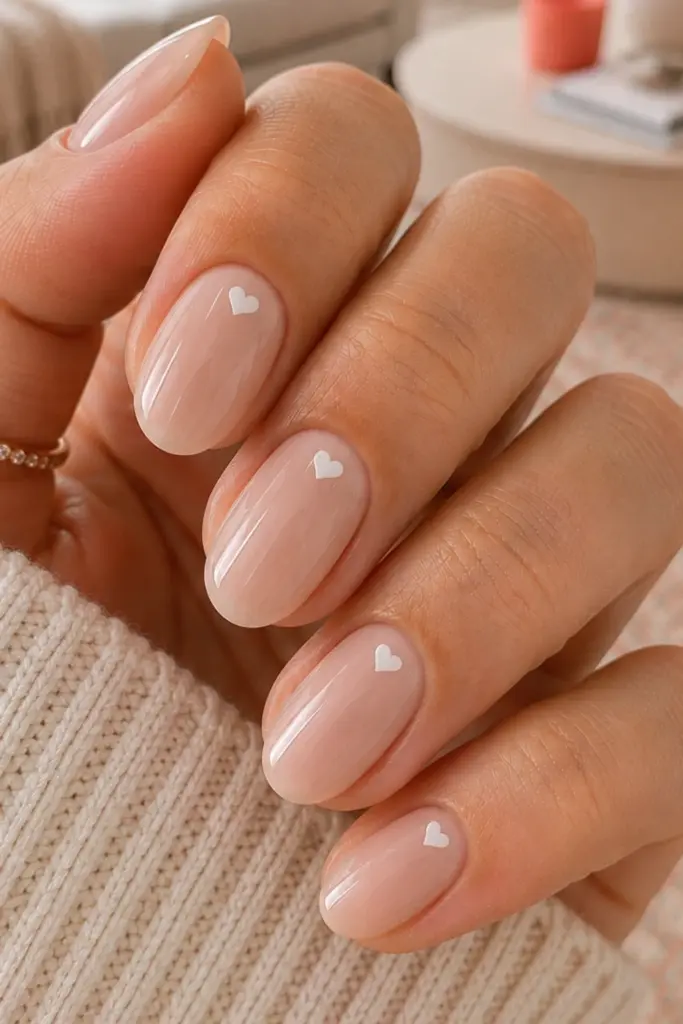 Minimal white heart accent clean girl nails on a soft nude base for back-to-school style.