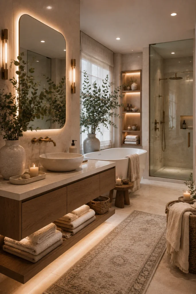Modern winter bathroom spa with plush towels, eucalyptus, stone accessories, candles, warm wood, neutral decor, and soft ambient lighting.