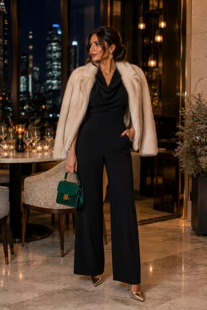 Sleek winter birthday outfit for women featuring a tailored black jumpsuit, faux-fur stole, and elegant heels for a sophisticated evening look