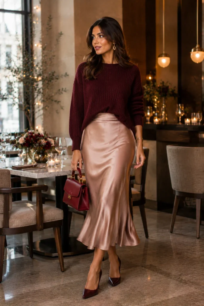 Sophisticated winter birthday outfit for women featuring a burgundy sweater, champagne satin skirt, and pointed-toe pumps for a festive celebration