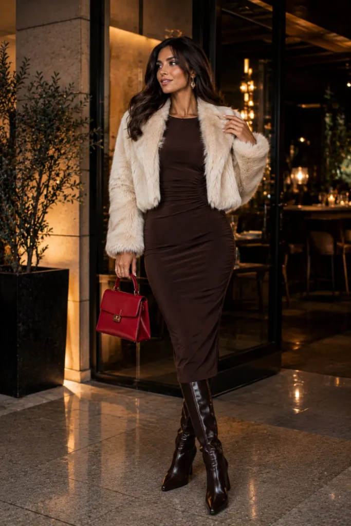 Glamorous winter birthday outfit for women with a faux-fur jacket, fitted bodycon dress, and knee-high boots for a stylish night out