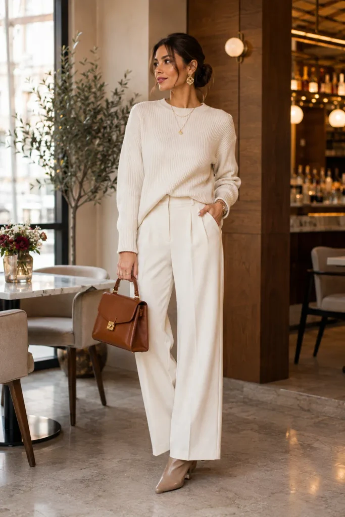 Sophisticated winter birthday outfit for women featuring a monochrome cream sweater, wide-leg trousers, and heeled boots in an elegant neutral palette