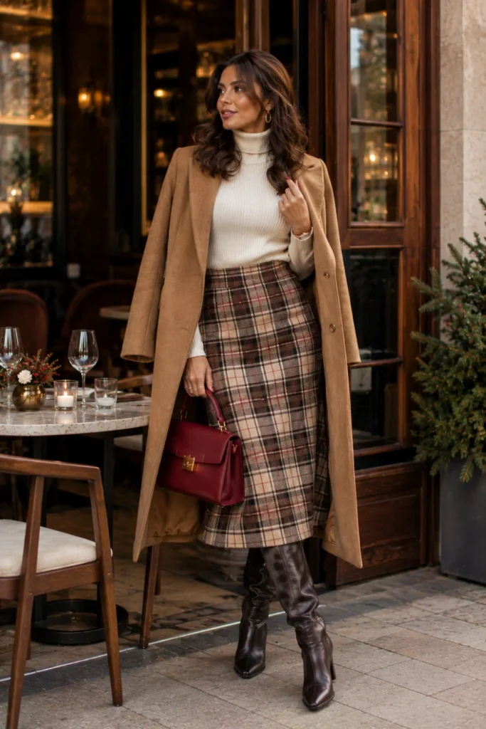 Polished winter birthday outfit for women featuring a plaid skirt, fitted turtleneck sweater, and riding boots with a modern preppy aesthetic