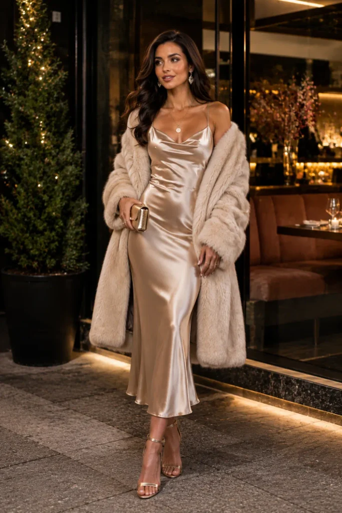 Glamorous winter birthday outfit for women featuring a champagne satin slip dress, faux-fur coat, and strappy heels for an upscale celebration