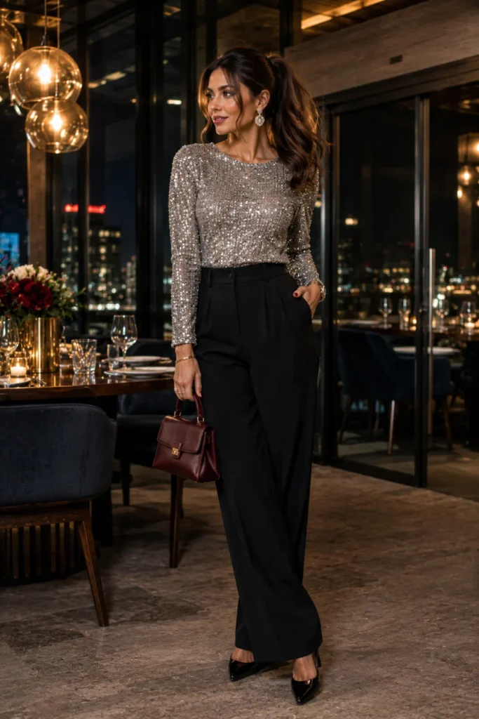 Festive winter birthday outfit for women with a silver sequin top, tailored trousers, and pointed-toe heels for dinner or dancing