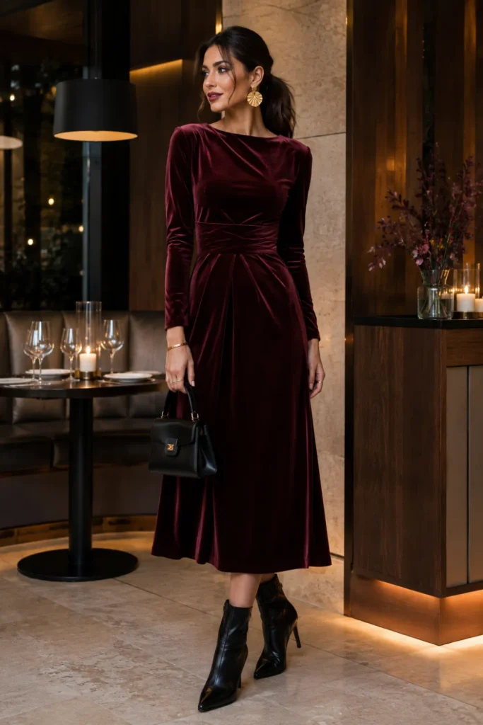 Elegant winter birthday outfit for women with a burgundy velvet midi dress, heeled ankle boots, and statement earrings for an intimate celebration
