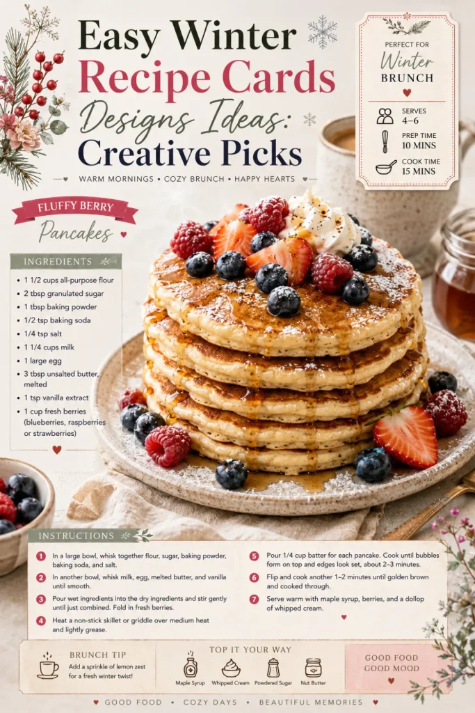 Winter brunch recipe card with bright seasonal food photography, soft winter accents, stylish typography, and inviting entertaining design.