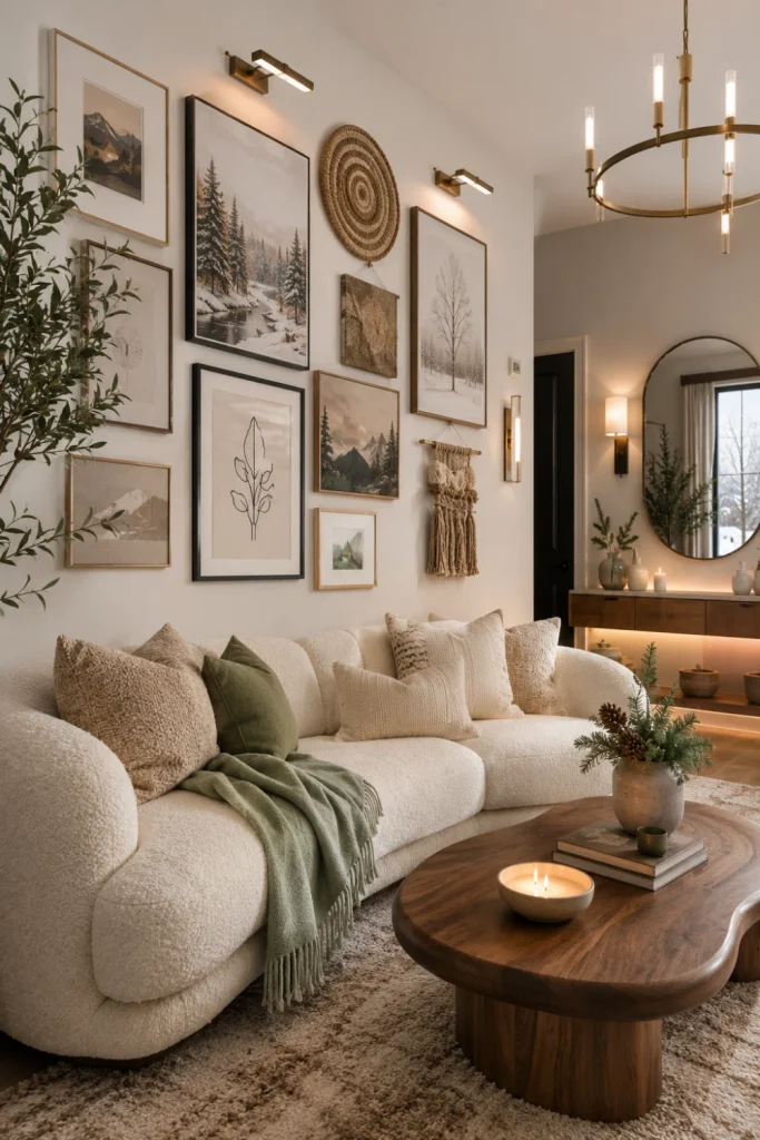 Modern winter gallery wall with neutral artwork, woven decor, small greenery, coordinated frames, soft lighting, and contemporary furniture.