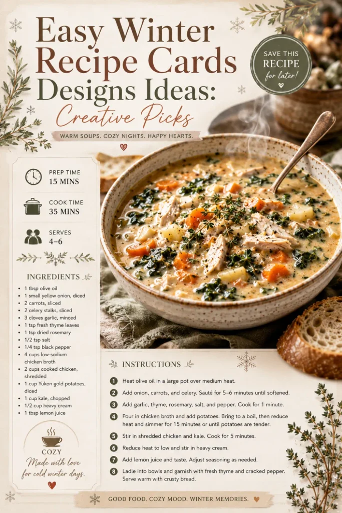 Winter soup recipe card with steaming soup photography, warm neutral styling, simple ingredient sections, and an inviting cozy cold-weather design.