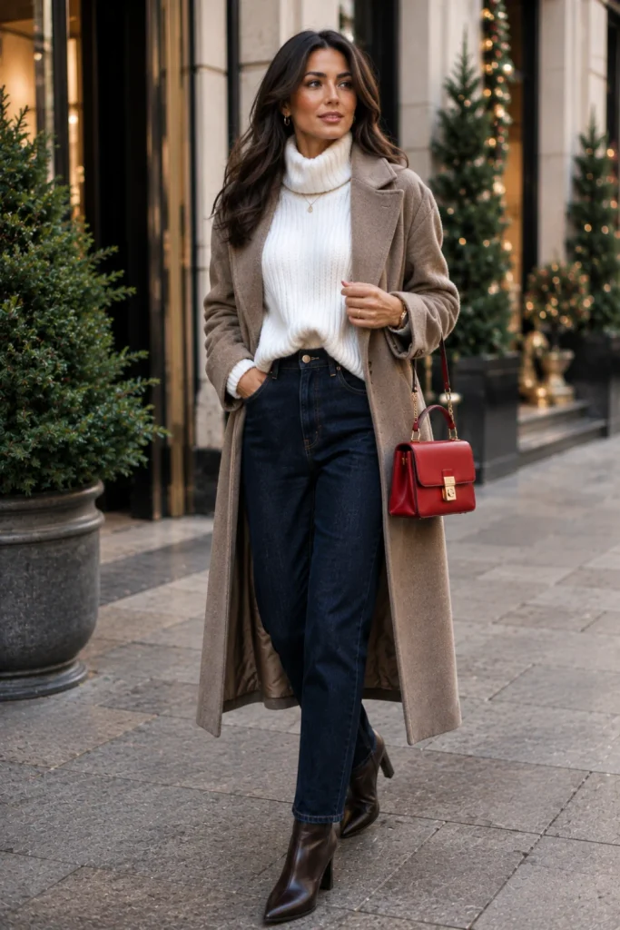 Chic woman wearing a bright winter-white sweater with dark denim, heeled boots, and a long coat for crisp modern seasonal contrast.