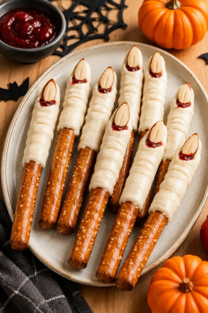 Easy Halloween Lunch Recipe Ideas: Fun Favorites featuring creepy witch finger pretzel rods dipped in cream cheese and finished with almond slice nails.