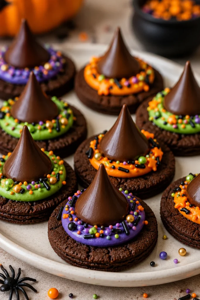 Chocolate Witch Hat Cookies topped with chocolate kisses, colorful icing bands, and Halloween sprinkles for kids.