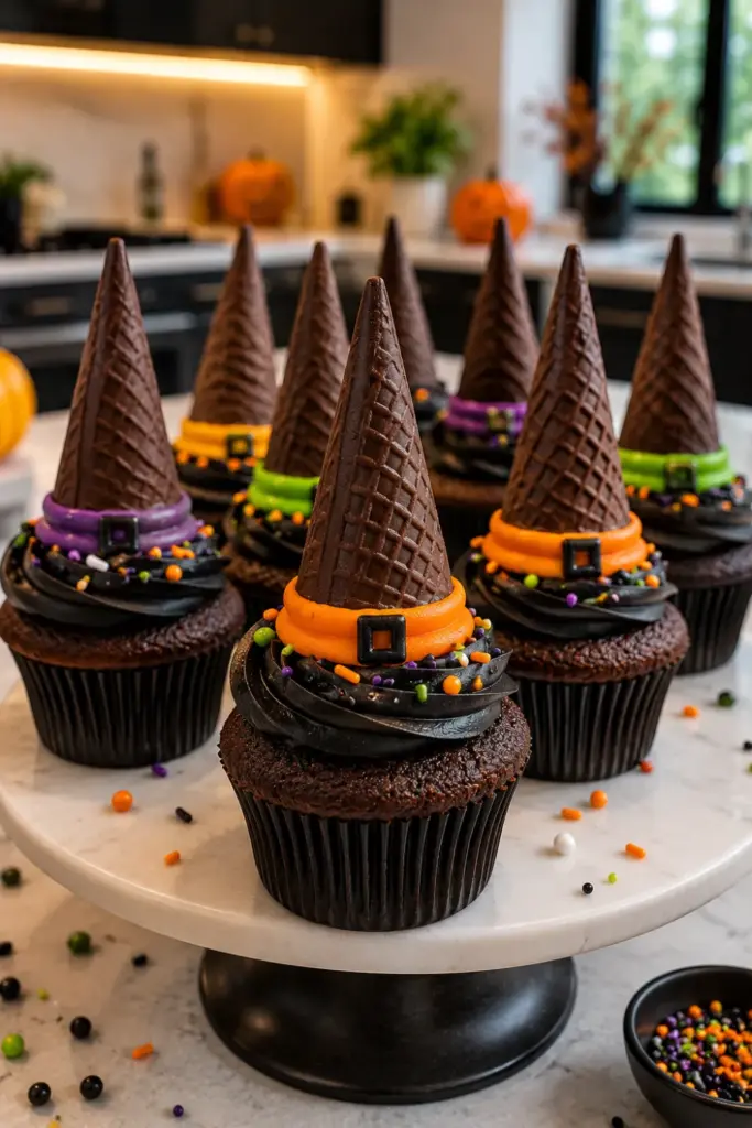 Witch hat cupcakes with chocolate cones, colorful frosting bands, and Halloween sprinkles on a modern dessert table.