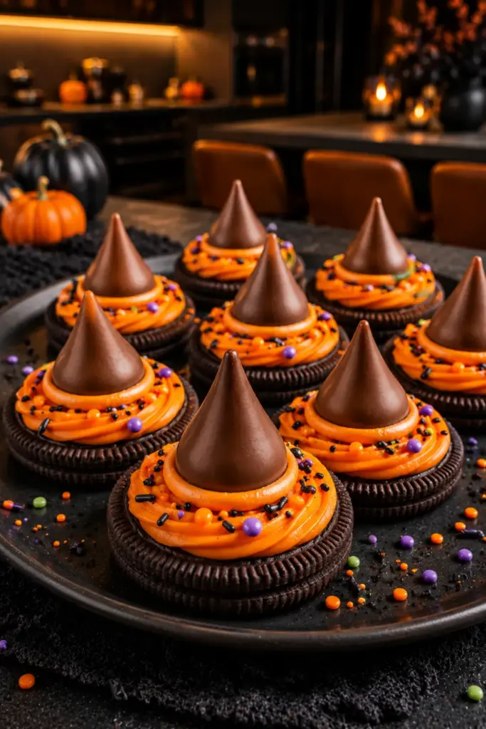 Halloween witch hat Oreo cookies topped with orange frosting, chocolate kisses, and colorful sprinkles on a modern dessert table.