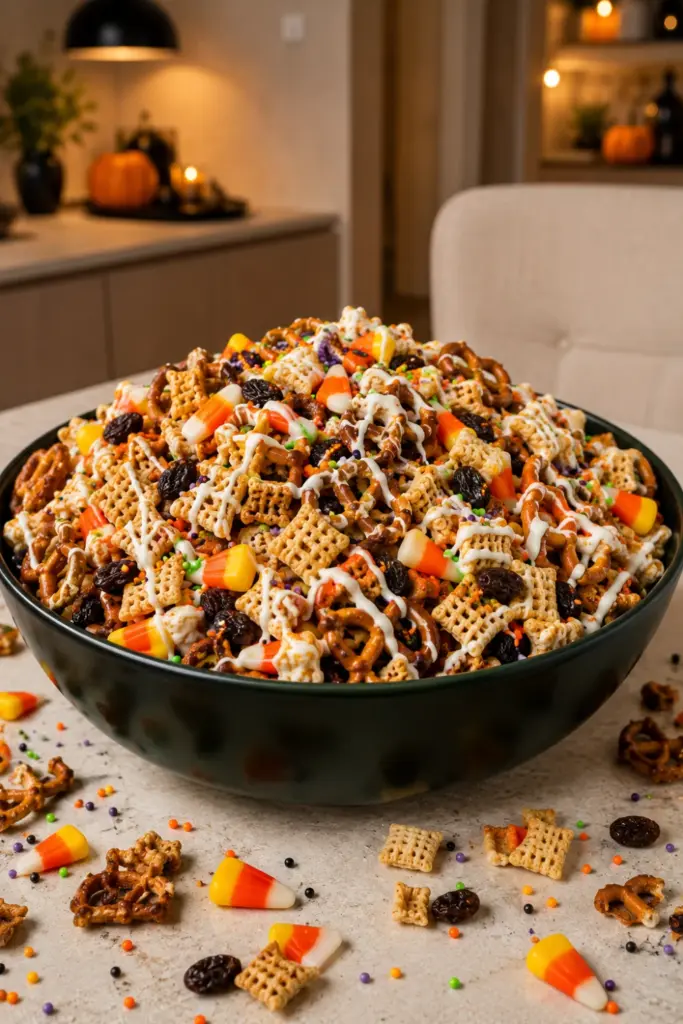 Witches' Brew Chex Mix with Chex cereal, pretzels, raisins, white chocolate, candy corn, and Halloween sprinkles for easy Halloween candy mix ideas for parties.