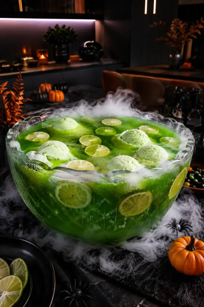 Glowing green witches’ brew Halloween punch with lime sherbet, citrus slices, and dramatic food-safe fog for a colorful party table.