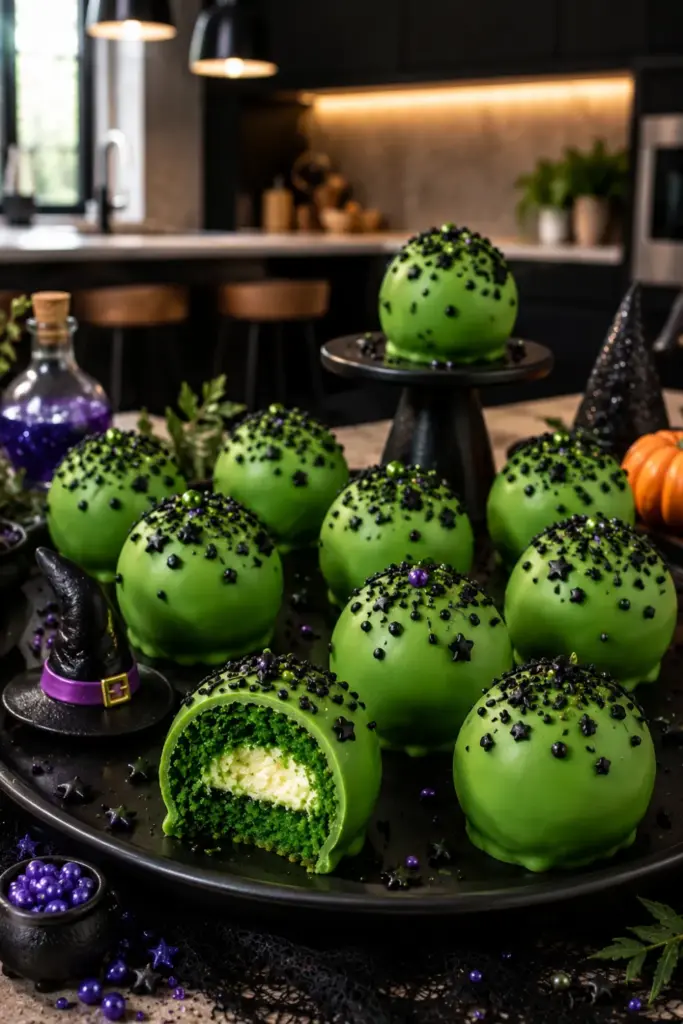 Witches’ brew green velvet cake balls coated in vivid green candy melts with black sprinkles on a trendy modern Halloween dessert display.