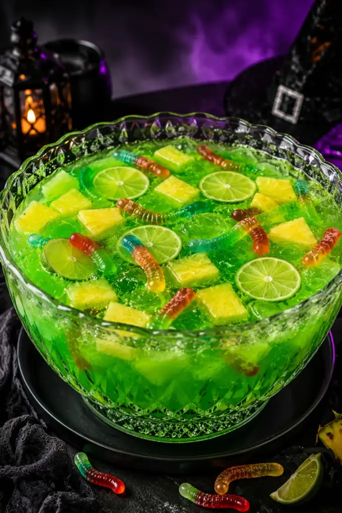 Bright green witches’ brew jungle juice with green fruit punch, lime soda, vodka, pineapple, and gummy worms in a colorful Halloween punch bowl.