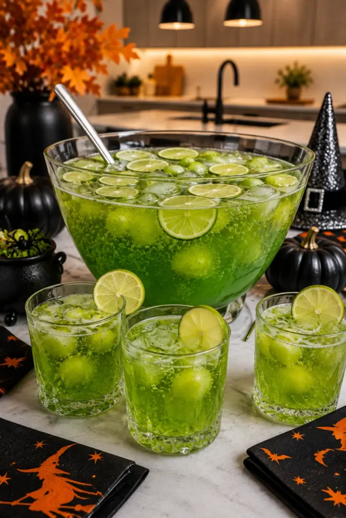 Witches' Brew Punch in a modern glass punch bowl with lime slices and Halloween party styling.