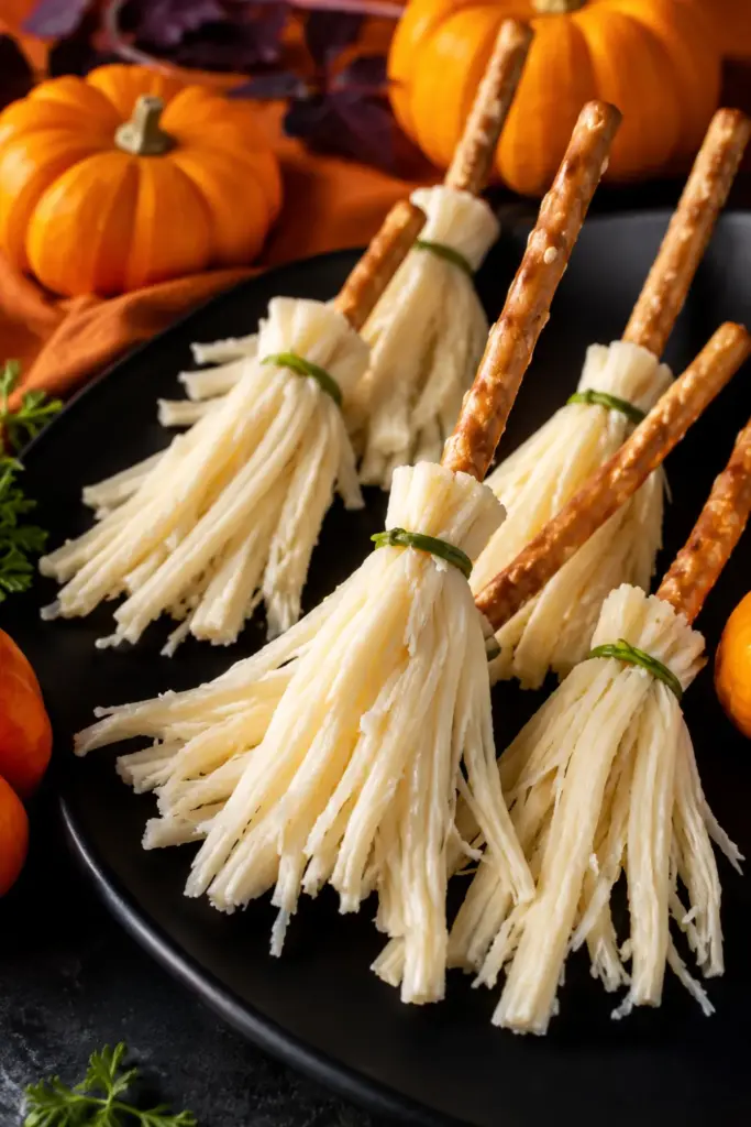 Ultra-realistic Witches' Broomstick Snacks made with crisp pretzel sticks and fringed string cheese, styled as miniature Halloween broomsticks for a festive party appetizer.