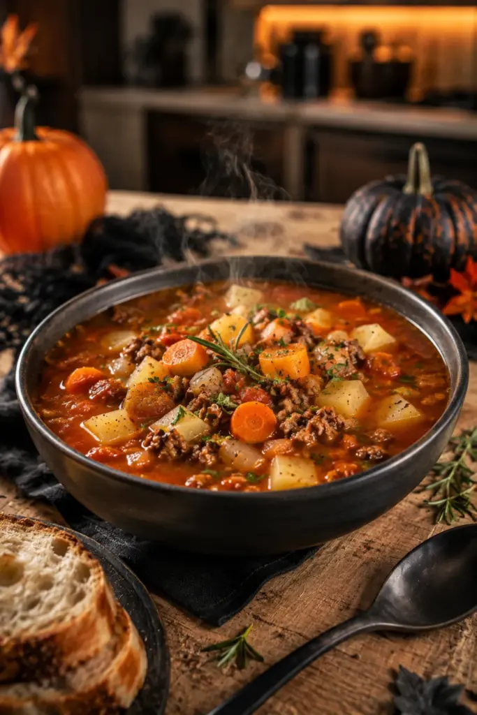 Hearty witches soup with ground beef, potatoes, and rich tomato broth styled for an easy Halloween dinner.