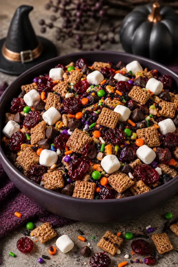 Witch's Brew Chocolate Cranberry gluten-free Halloween trail mix with cereal squares, dark chocolate chips, dried cranberries, mini marshmallows, and colorful Halloween sprinkles.