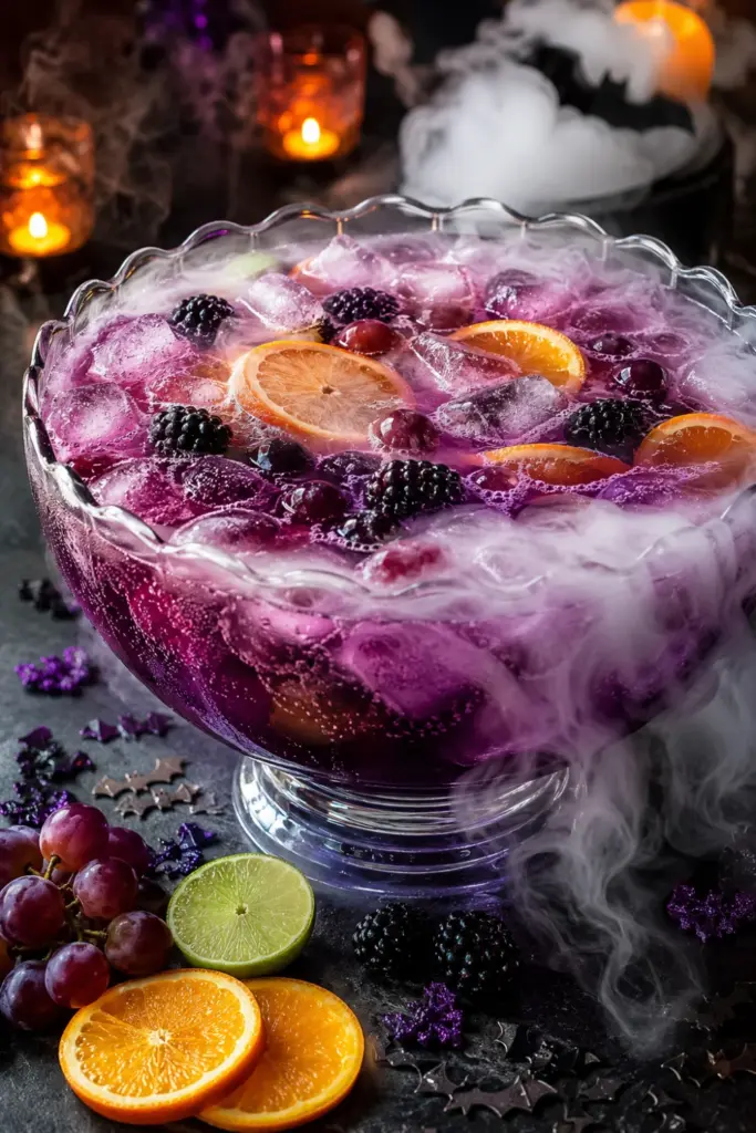 Witch's Brew Punch with bubbling purple pineapple, orange, and grape juices; fizzy lemon-lime soda; smoky Halloween presentation; and spooky garnishes.