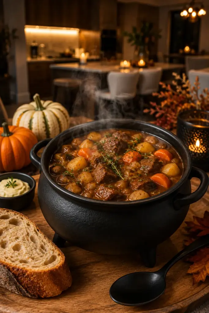 Cozy witch's cauldron beef stew with tender beef, potatoes and carrots for Halloween dinner