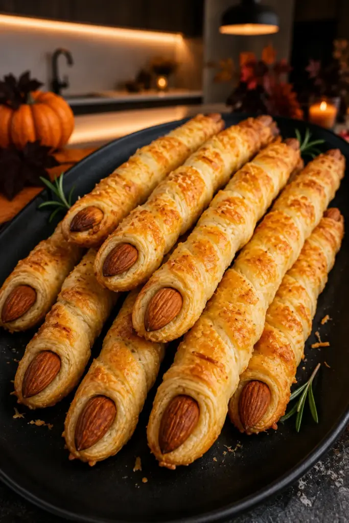 Witch’s fingers made from cheesy puff pastry straws with almond nails, baked golden for Halloween parties.