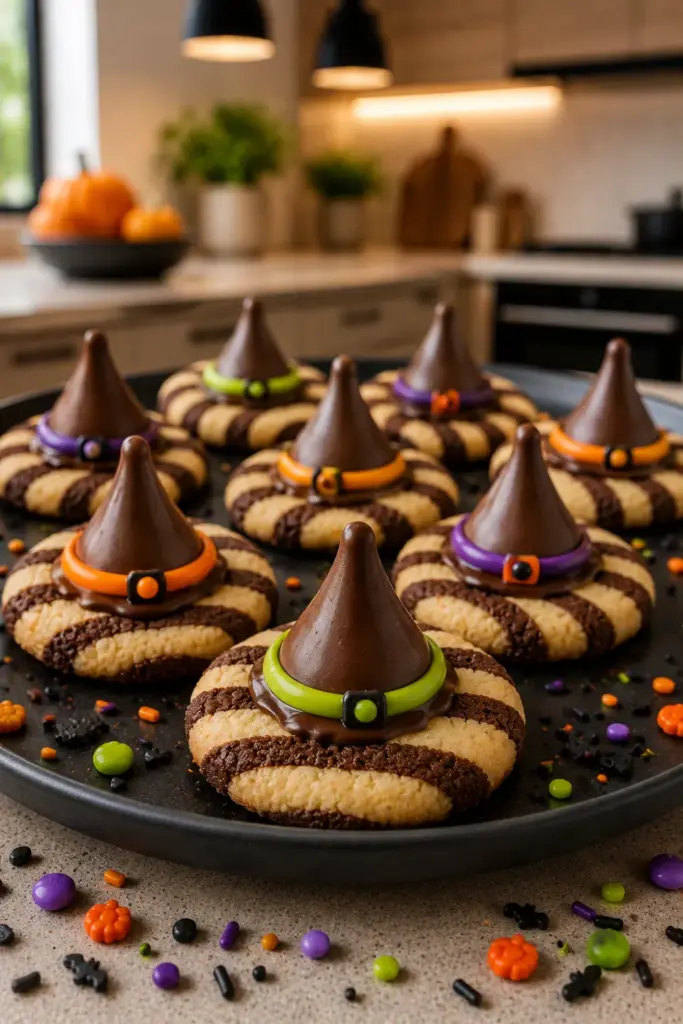 Witch's Hat Cookies made with Fudge Stripes cookies, Hershey's Kisses, and melted chocolate for Halloween parties.